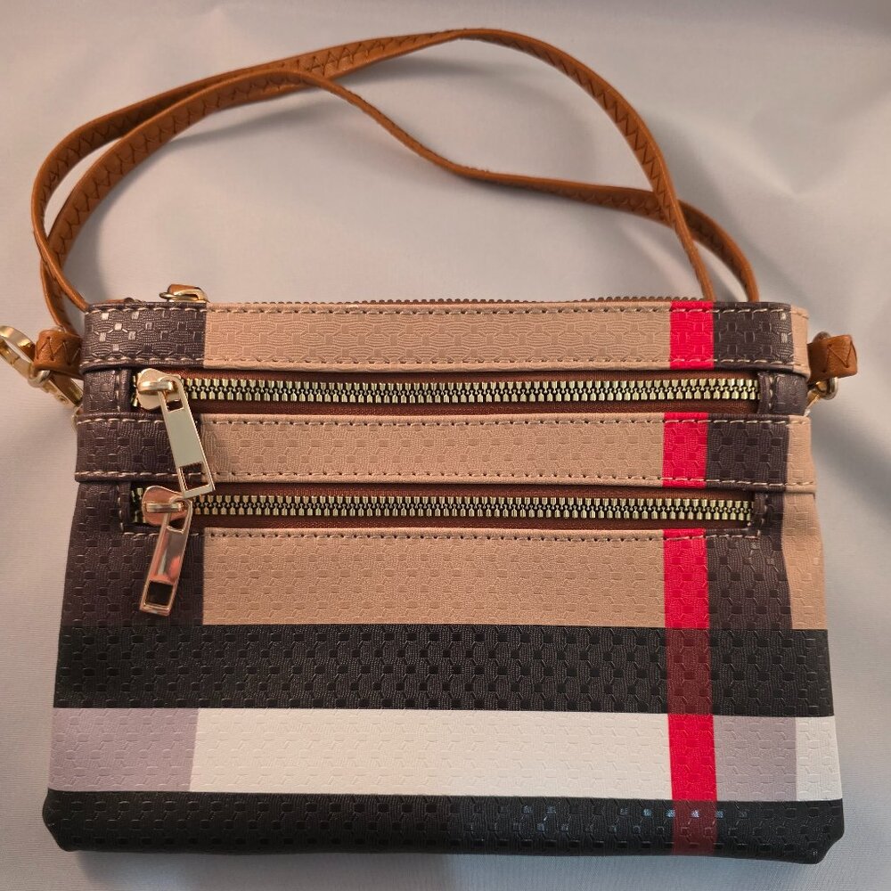 Women's Beige and Black Crossbody Bag with Red Accent